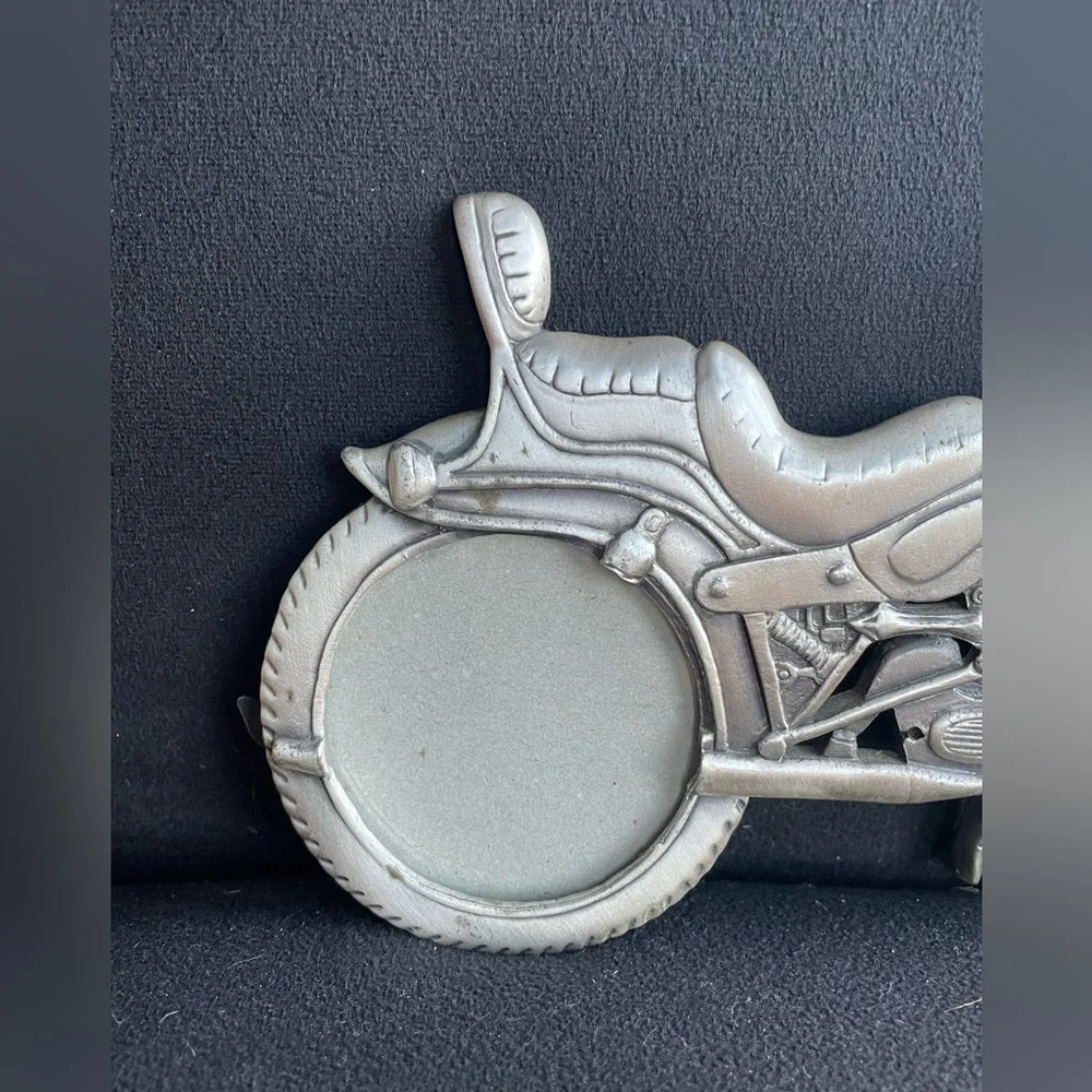 Pewter Harley Motorcycle Picture Frame Holds 2 Photos Signed WF